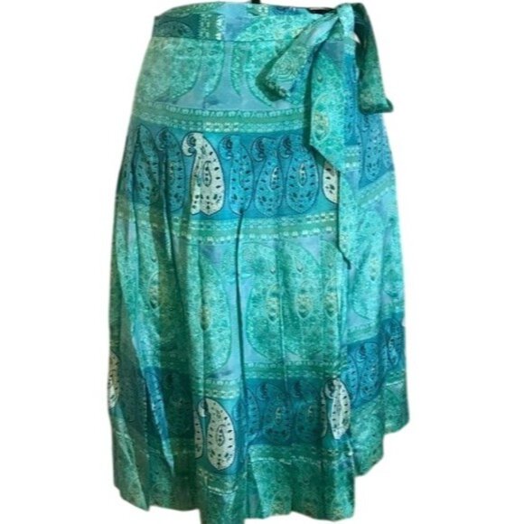Banana Republic Women's 10 Silk Blend Paisley Boho Midi Wrap Skirt Turquoise - Picture 1 of 12